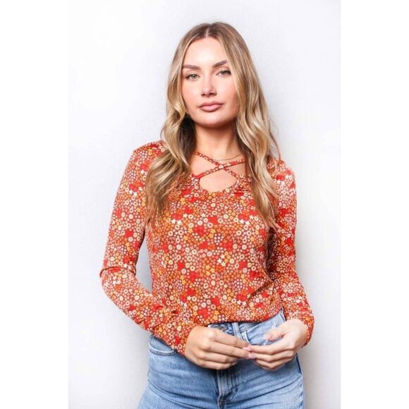 Floral Long Sleeve Crisscross Neck Top For Women Medium - Picture 1 of 4